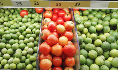 Counter with fruit in supermarket