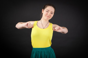 beautiful woman doing different expressions in different sets of clothes: wake up