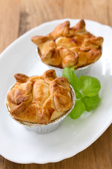 pie with chicken with basil on white plate on brown background