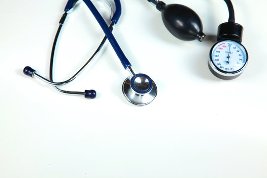 Blood pressure meter and stethoscope, isolated on white