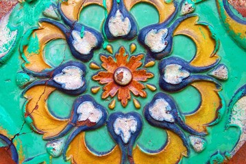 Colorful ceramic tile on a church facade. Tiles are one of the city symbols of Yaroslavl.