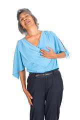 Beautiful woman doing different expressions in different sets of clothes: heart attack