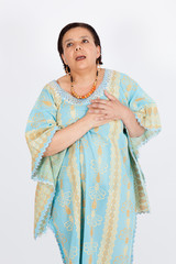 Beautiful woman doing different expressions in different sets of clothes: heart attack