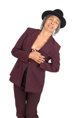 Beautiful woman doing different expressions in different sets of clothes: heart attack