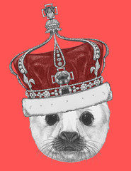 Portrait of Baby Fur Seal with crown. Hand drawn illustration.