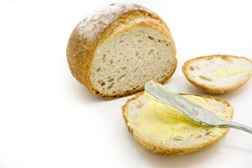 Sliced of round bread with butter