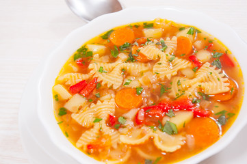 Fresh vegetable soup with farfalle pasta