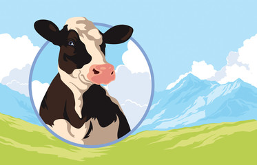 Label with a cow on a background of nature - 89636774