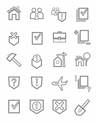 Icons, legal services, civil law, outline, single color, white background. 
