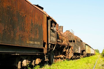 Fototapeta na wymiar Old rusty Russian train. Train cemetery, established in Rostov-on-Don.