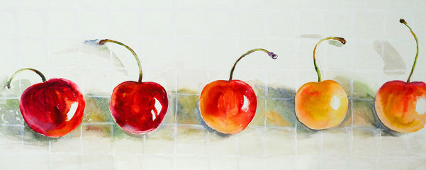 Drawing a water color on paper, fruit, cherries