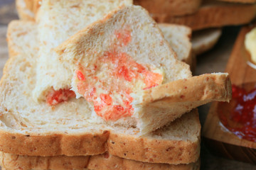 Slice toast whole wheat bread with strawberry jam