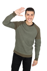 Handsome man doing different expressions in different sets of clothes: waving
