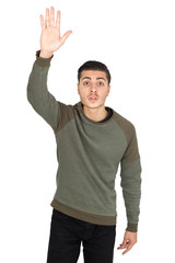 Fototapeta premium Handsome man doing different expressions in different sets of clothes: want to speak