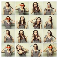 Collage of woman different facial expressions
