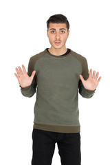Fototapeta premium Handsome man doing different expressions in different sets of clothes: innocent