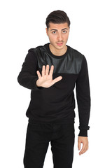 Handsome man doing different expressions in different sets of clothes: stop sign