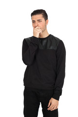 Handsome man doing different expressions in different sets of clothes: yawning