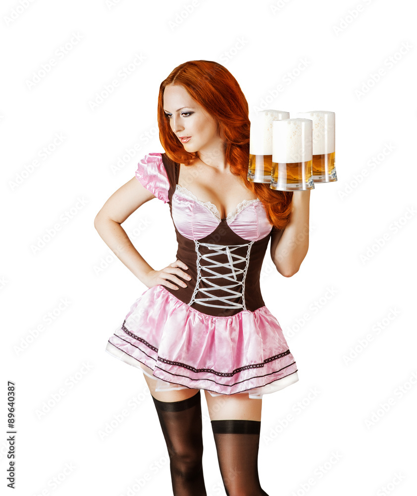 Wall mural Sexy oktoberfest beautiful woman with three beer mugs