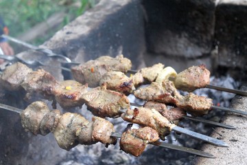 Pork shish kebab on skewers