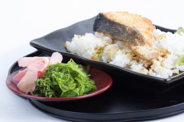 Grilled Salmon Teriyaki with rice and Chuka Seaweed Salad