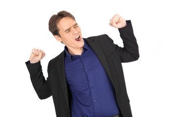 handsome man doing different expressions in different sets of clothes: waking up