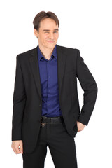 handsome man doing different expressions in different sets of clothes: blinking