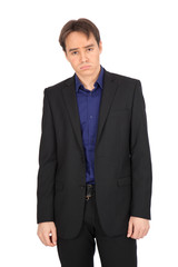 handsome man doing different expressions in different sets of clothes: bored