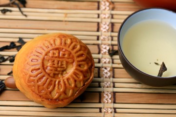 Festival moon cake and hot tea - Chinese cake