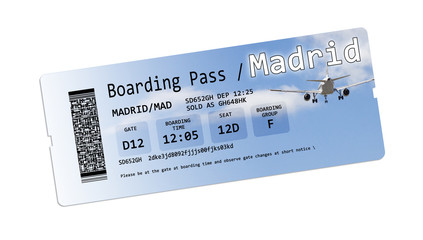 Naklejka premium Airline boarding pass tickets to Madrid isolated on white