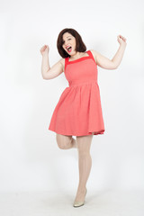 Beautiful woman doing different expressions in different sets of clothes: joy