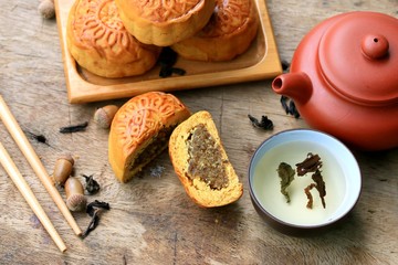 Festival moon cake and hot tea - Chinese cake