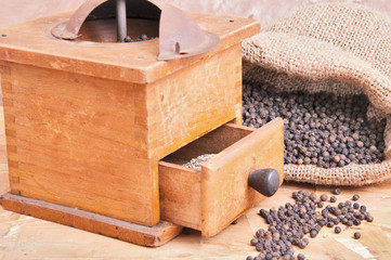 Fototapeta na wymiar antique coffee grinders and pepper