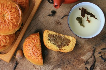 Festival moon cake and hot tea - Chinese cake