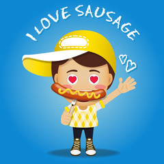 happy man carrying fork with big grilled sausage