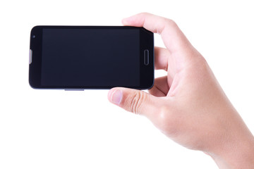 male hand holding mobile smart phone with blank screen isolated