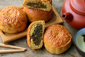 Festival moon cake and hot tea - Chinese cake