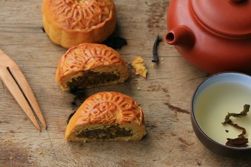 Festival moon cake and hot tea - Chinese cake