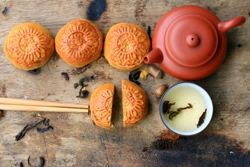 Festival moon cake and hot tea - Chinese cake