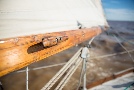 Classic wooden sailboat sprit and mast. Sailing Buenos Aires, So