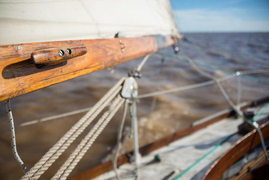 Classic wooden sailboat sprit and mast. Sailing Buenos Aires, So