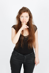 Naklejka premium Beautiful businesswoman doing different expressions in different sets of clothes: be quiet
