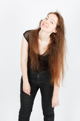 Beautiful businesswoman doing different expressions in different sets of clothes: joy