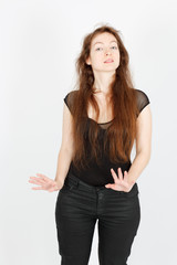 Beautiful businesswoman doing different expressions in different sets of clothes: innocent