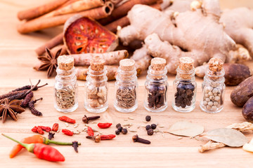 Assortment of Thai food Cooking ingredients in glass bottles on