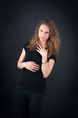 Naklejka premium Beautiful woman doing different expressions in different sets of clothes: heart attack