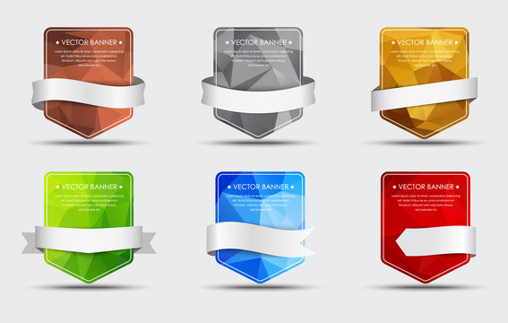 Set of banners with a polygonal background and ribbon