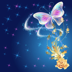 Transparent butterfly with golden ornament and glowing firework