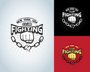 Fighting t shirt design, logotype, boxing monochrome vector label , badge , logo for hipster flyer, poster or t-shirt print with fist, broken chain and text.