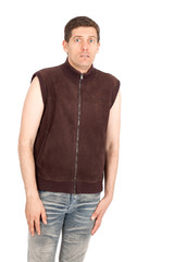 Fototapeta premium Handsome man doing different expressions in different sets of clothes: worried